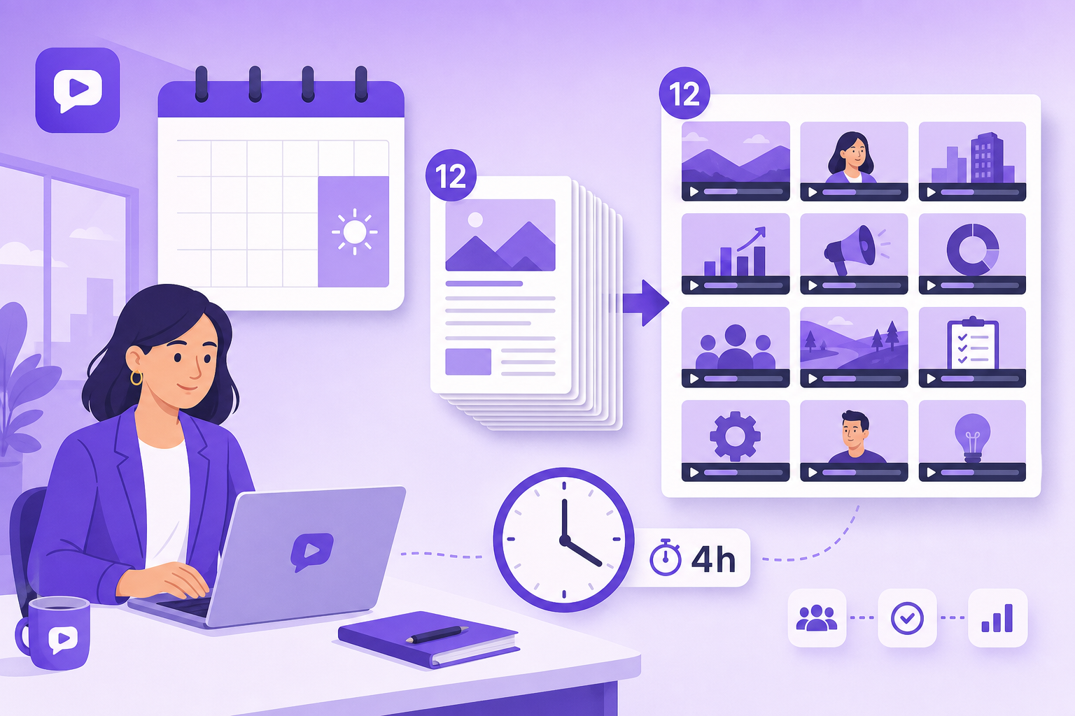 Agency workflow illustration showing 12 client blog posts converted into branded videos in one afternoon.