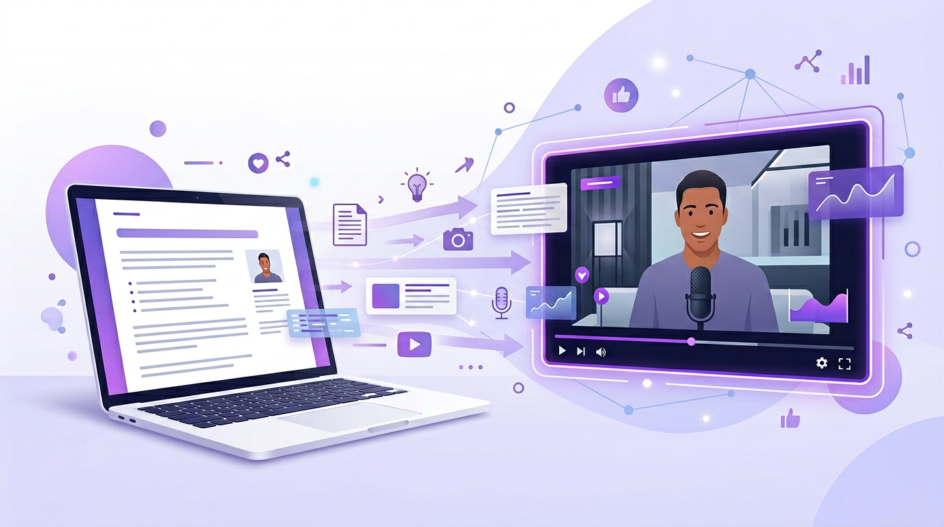 Before-and-after workflow illustration showing a blog post on one side and a finished narrated video on the other.
