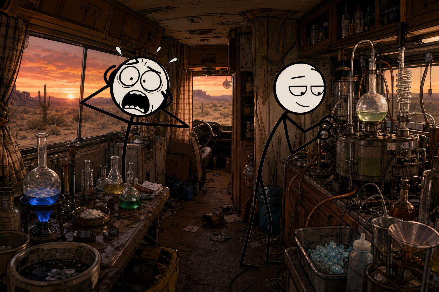 Science, bitch. We turned the Breaking Bad RV scene into a stickman parody — panicked Jesse, unflappable Walt, one clean fix — and pointed the same calm, one-move solution at turning your blog into a video.