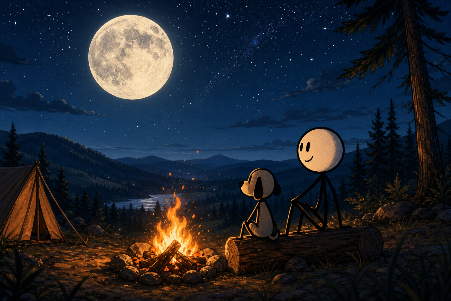 Every adventure is a story worth telling. A stickman and his stickdog hike into moonlit hills, build a fire, and watch the stars spell out B2V. One continuous campsite world, no cuts — and the debut of our four-legged companion.