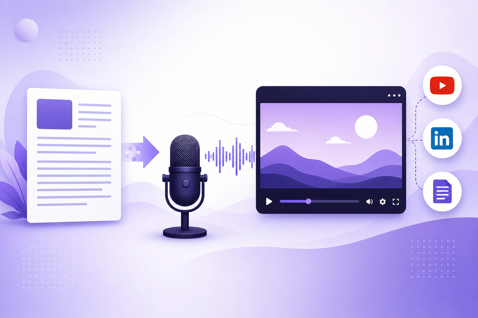 Written blog content transforming into a narrated faceless video with microphone waveform and distribution icons for YouTube and LinkedIn.