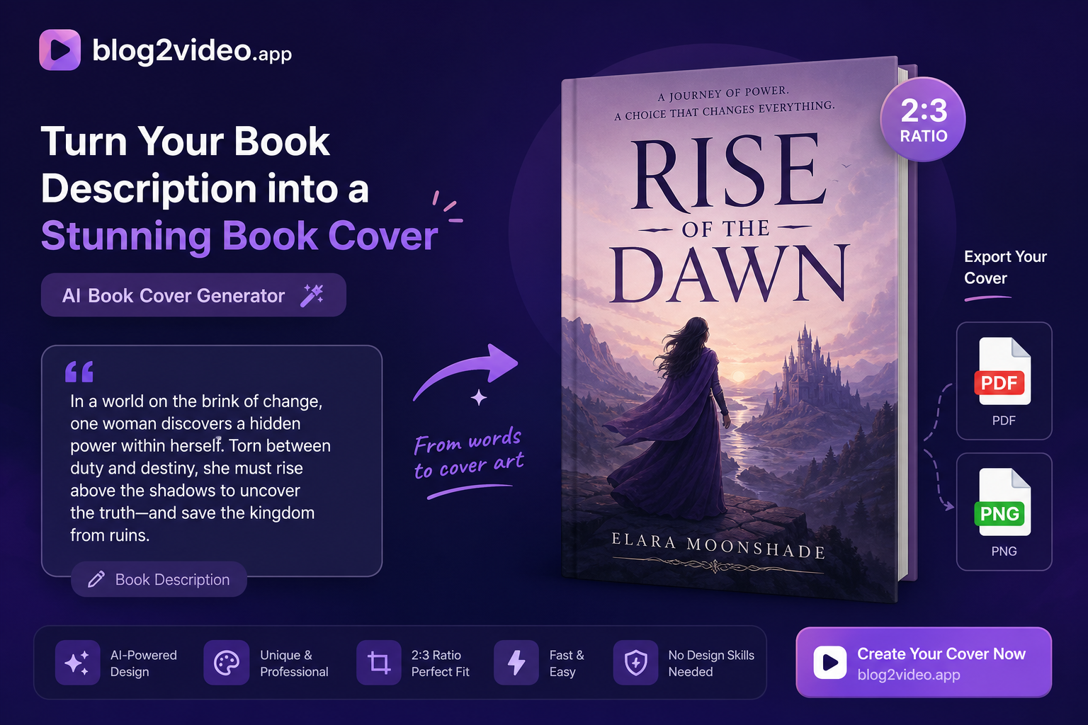articlevideostudio.com book description transforming into a designed 2:3 book cover exportable as PNG or PDF.