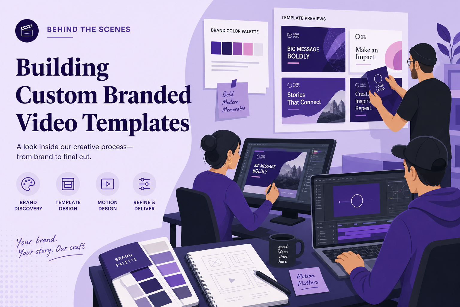 Article Video Studio designers building a custom branded video template using an AI-assisted motion graphics editor.