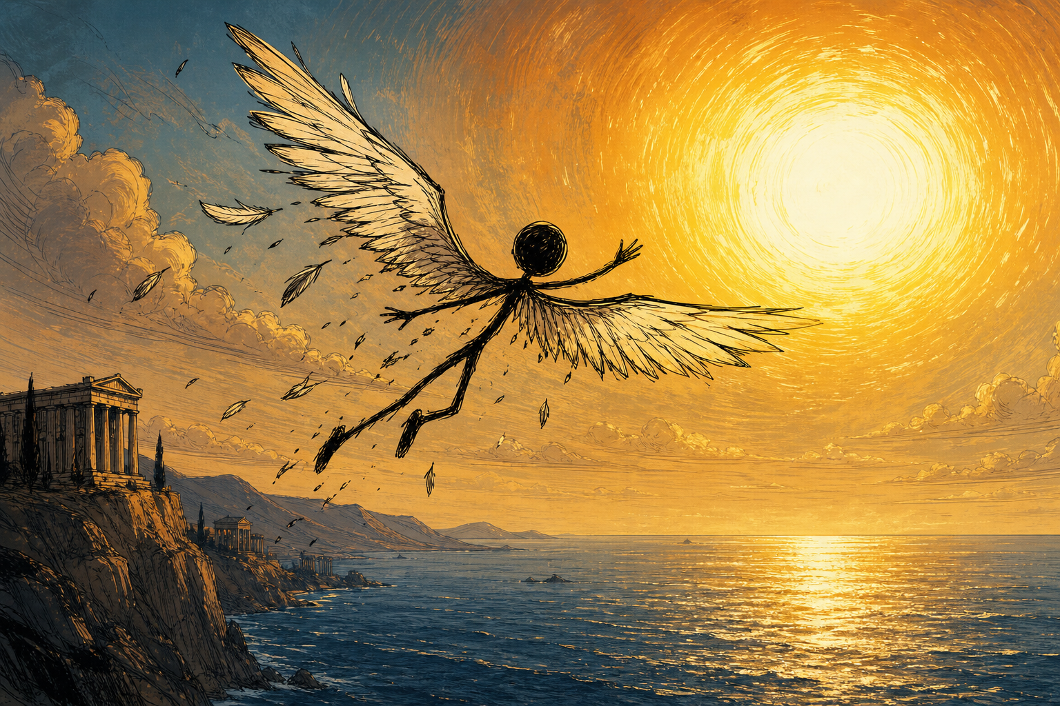 Keep the middle course. We told the full myth of Icarus and Daedalus as a narrated stickman short — wings built feather by feather, the leap over a shining sea, and the fall everyone watches twice. Here's how we built it.