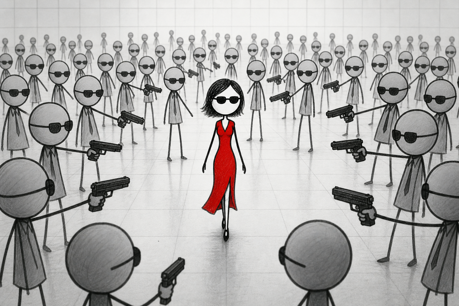Were you listening, or looking at the woman in the red dress? We rebuilt the Matrix training-program scene as a stickman parody — a grey crowd, one red accent, and a freeze-reveal that turns the distraction into the danger.