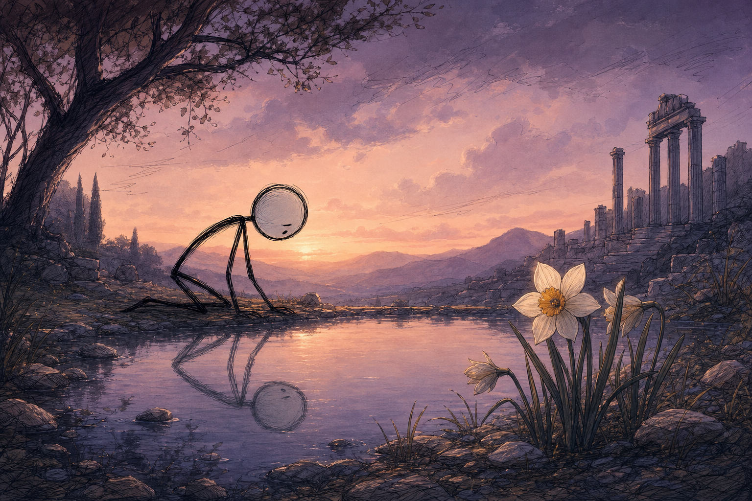 He fell for the only face that never looked back. We told the myth of Narcissus as a narrated stickman short — a waterline mirror, a point-of-view into the pool, and a flower where a boy used to kneel. Here's how we built it.