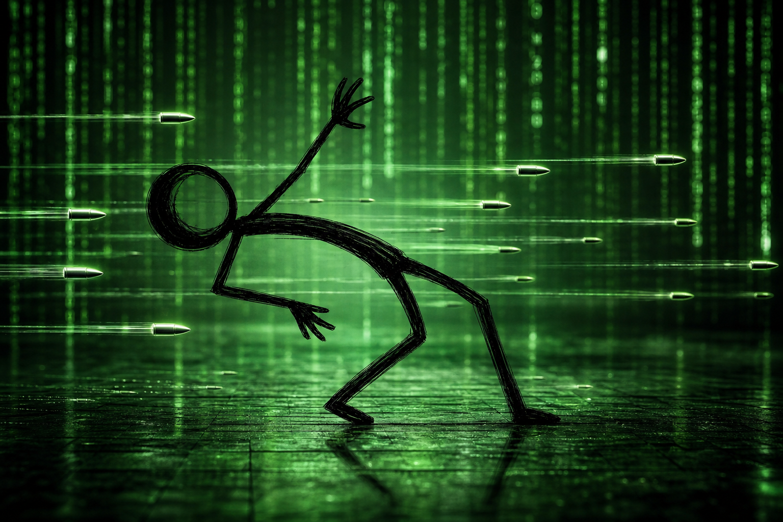 The only word the slop ever gets to say is 'Die.' We rebuilt the Matrix bullet-dodge as a stickman short — one lean, stretched and re-covered from every angle, where Neo wins by not being hit. Here's how we built it.
