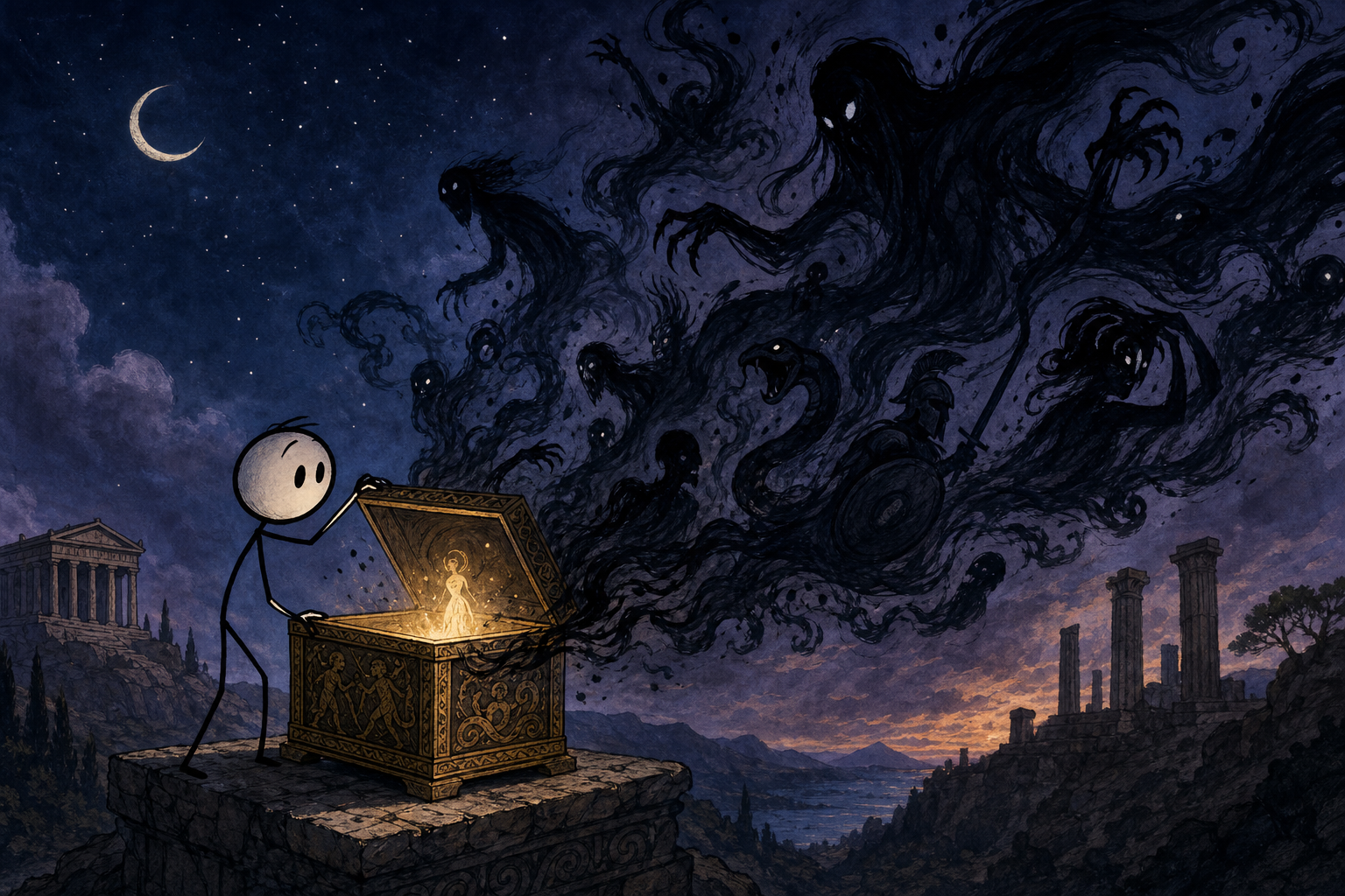 She only wanted a peek. We retold the myth of Pandora's box as a narrated stickman short under an enchanted night sky — every trouble of the world pouring out, and one warm light left inside. Here's how we built it in Remotion.
