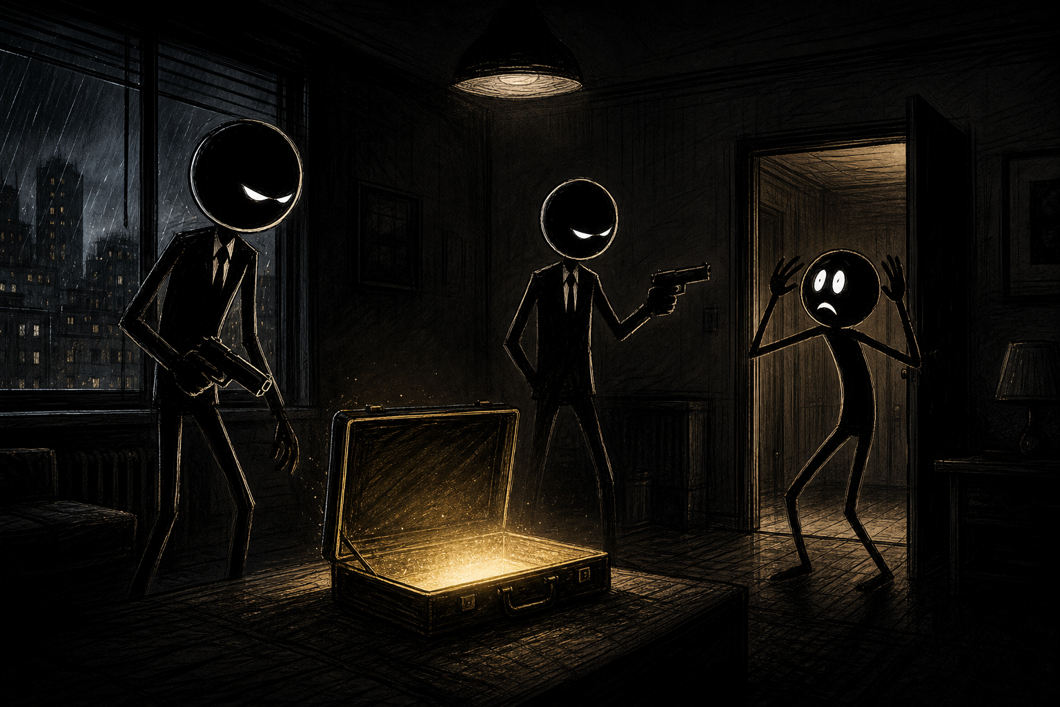 Whatever's in the case, it's worth the whole movie. We reimagined the Pulp Fiction briefcase-check as a stickman parody — two hitmen, a terrified man named Brett, and a glow we never quite let you see. Here's how we built it.