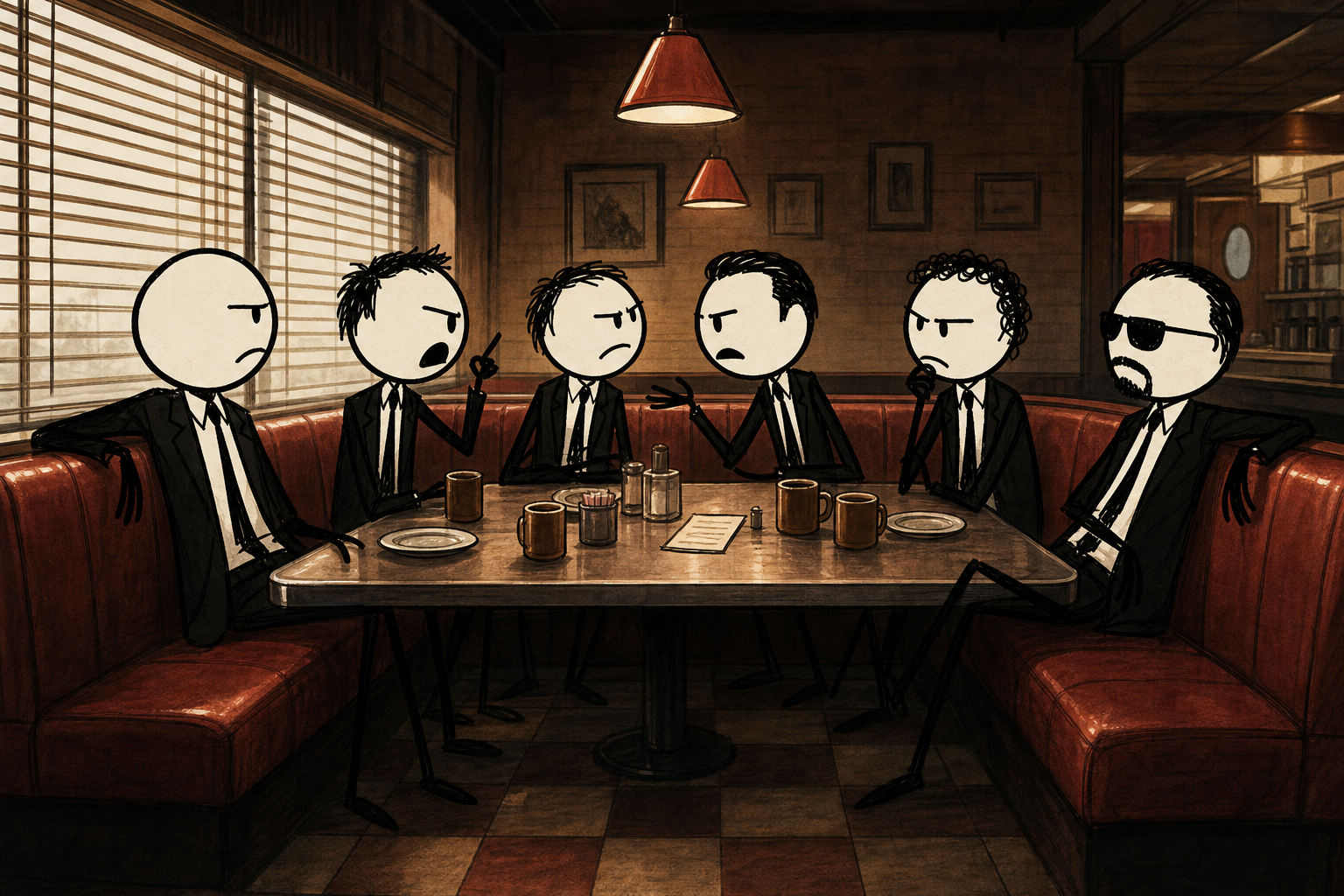 A parody of the legendary Reservoir Dogs diner opening, rebuilt as a stickman short — six suited crooks, six ElevenLabs voices, and one argument over a tip. Here's how we made stick figures carry an ensemble dialogue scene.