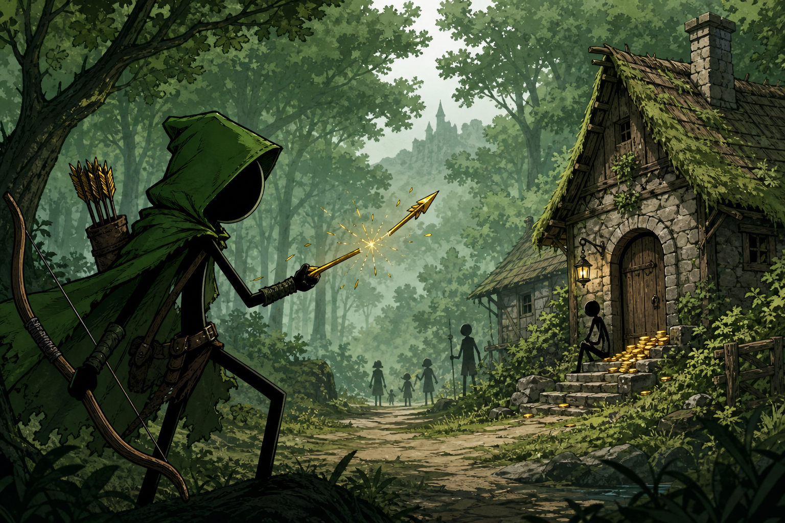 They never caught him. We told the legend of Robin Hood as a narrated stickman short — a warning arrow, coins on doorsteps, and a golden arrow split clean in two. Here's how we built the greenwood in code.