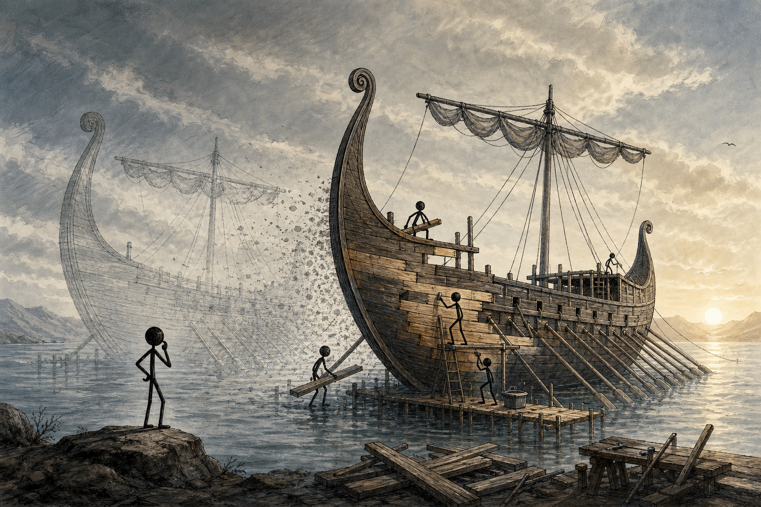 Replace every plank, and is it still your ship? We told the Ship of Theseus paradox as a narrated stickman short — a galley rebuilt plank by plank on screen, and a twist about a second ship. Here's how we built it in Remotion.