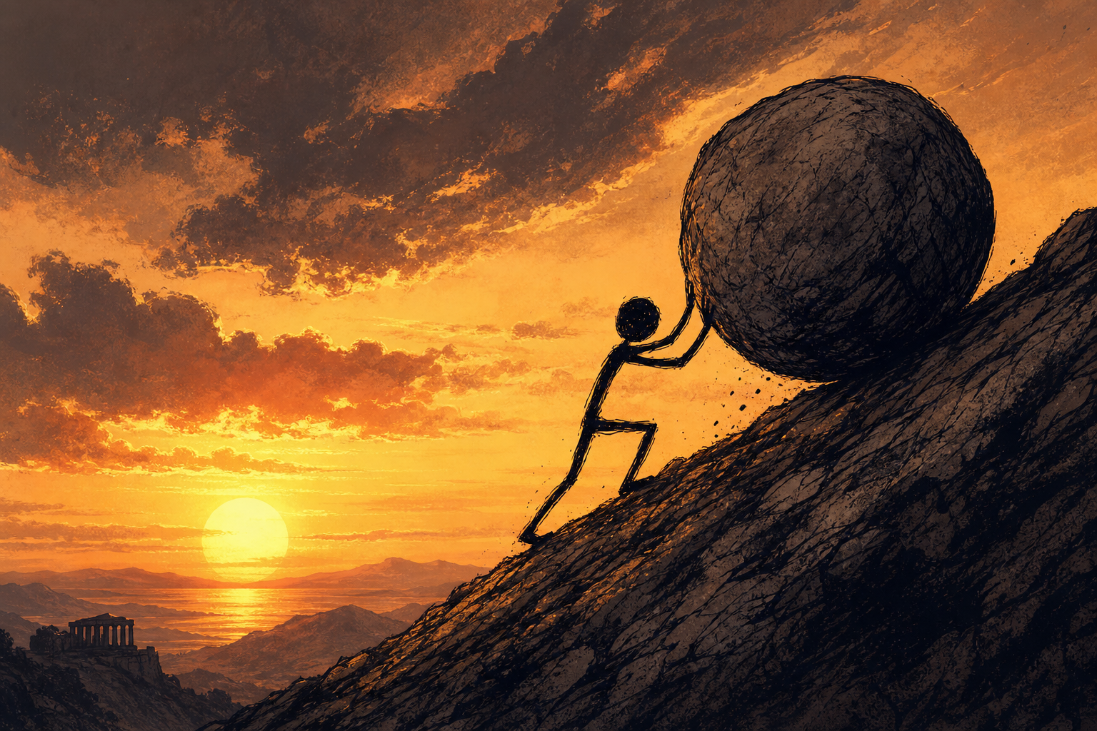 One must imagine Sisyphus happy. We animated the myth as a narrated stickman short with a physically honest boulder — and chose to end not on the stone thundering down, but on the man setting his hands to it again.