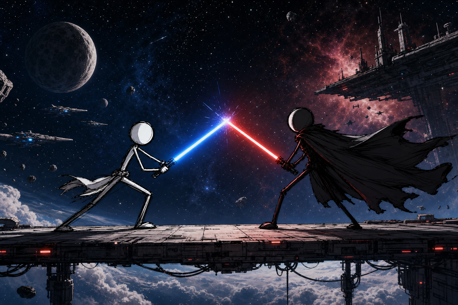 AI slop… I am your content. We staged a stickman lightsaber duel above the stars — Luke, powered by Article Video Studio, against a caped figure who is AI slop — with procedural sabers and an original orchestral score.
