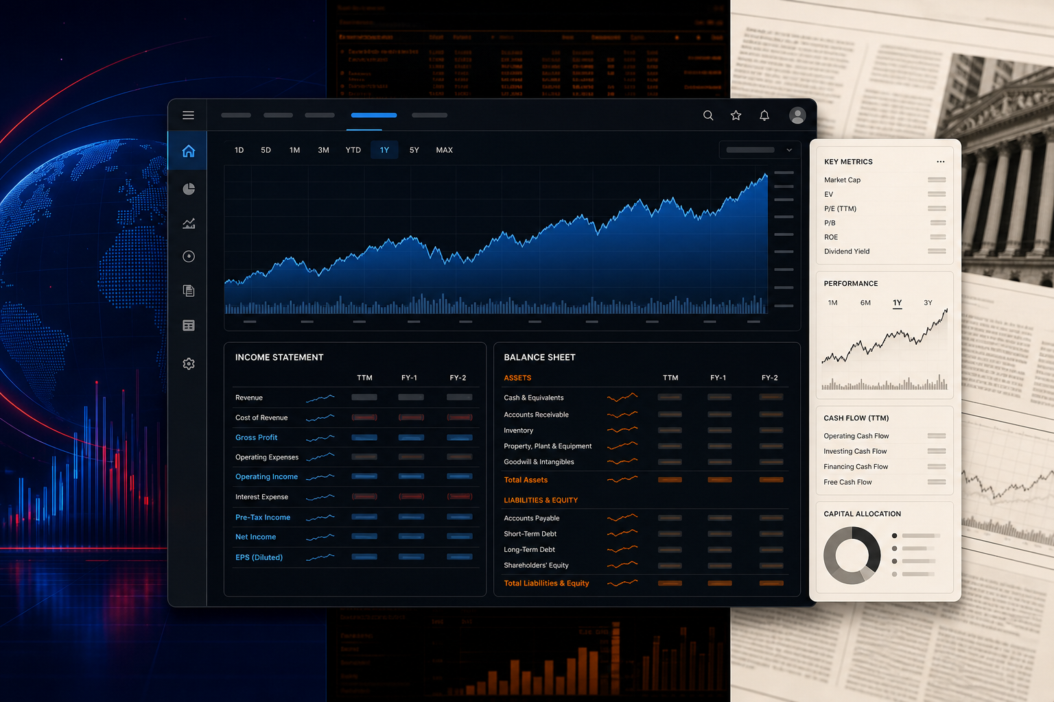 Article Video Studio free stock data visualizer showing SPCX price chart in Bloomberg Terminal, Newscast, and Newspaper themes alongside income statement and balance sheet tables.