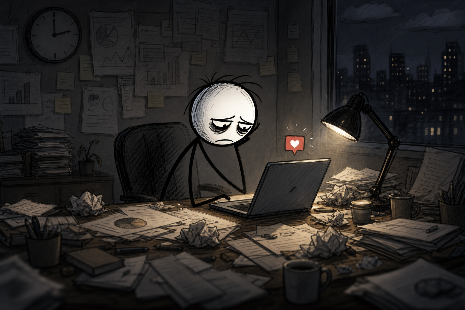 A faceless stickman pours an entire day into the perfect blog post and earns exactly one like — his own. Here's the silent 50-second Remotion film we built, and why distribution, not writing, is the real problem.